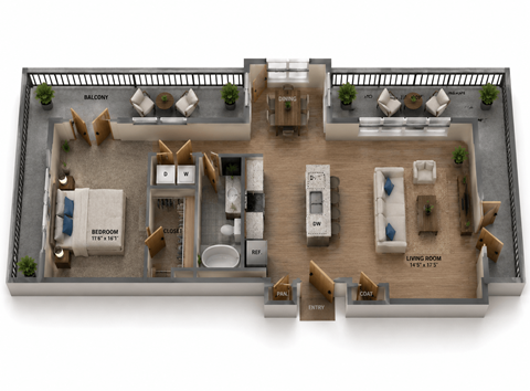 Floor plan for 1 bed, 1 bath, 883 sqft